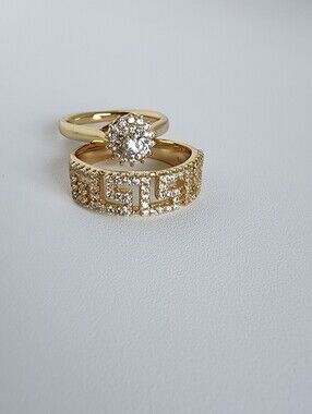 Gold Plated CZ Ring Set Greek Key Band & Halo Ring Size 9